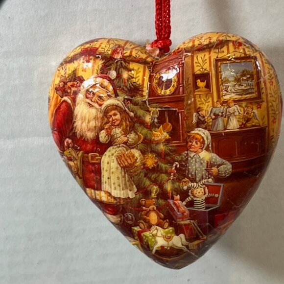 VTG Christmas Paper Mache Heart Santa Toys Children Holiday Ornament 3.5" - Picture 4 of 9